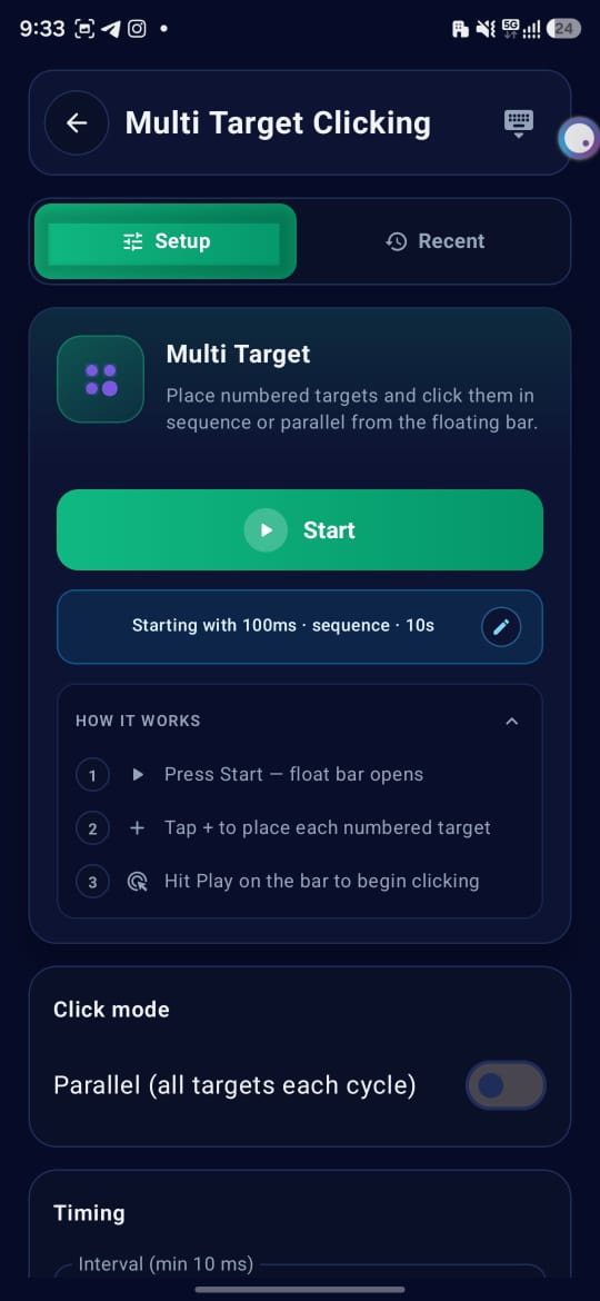 Multi Target Clicking Setup screen
